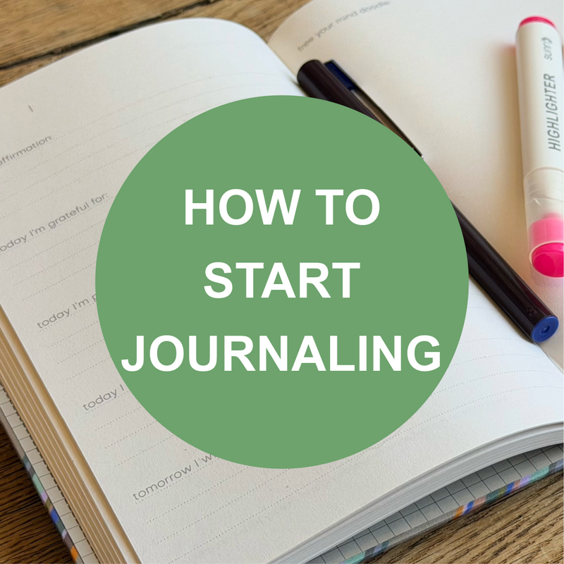 Open journal with pens and highlighter, overlaid with a green circle reading “How to Start Journaling”.