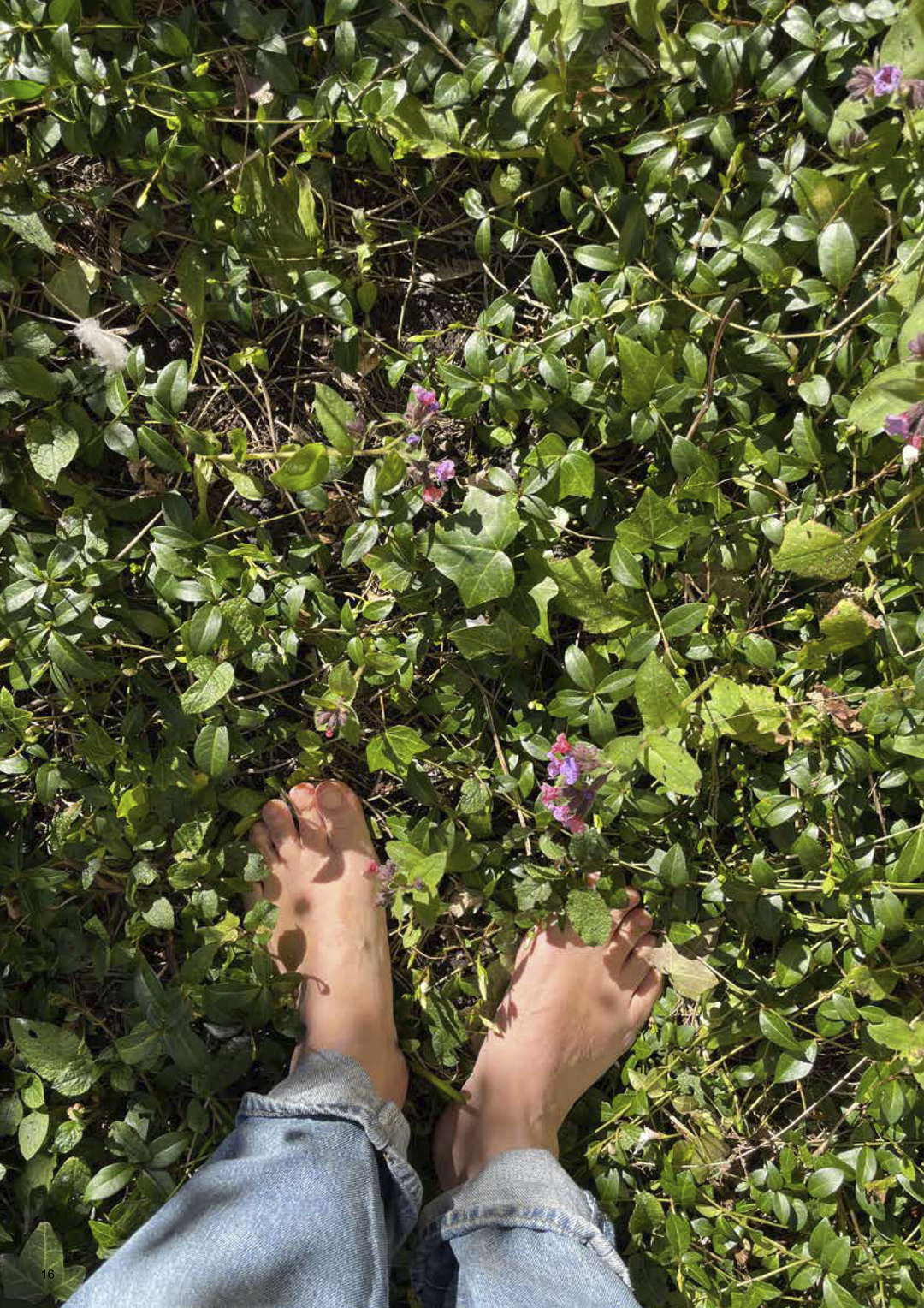 Bare feet standing in green plants with the word NATURAL and the text Out where the wild things grow including me overlaid