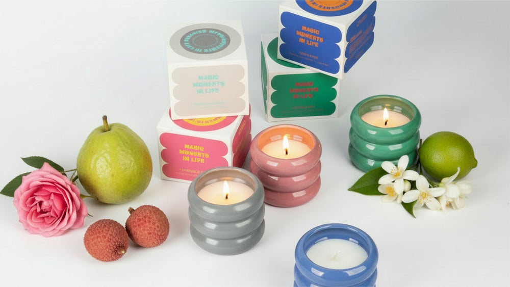 Home fragrance collection with ribbed glass candles in multiple colours displayed together