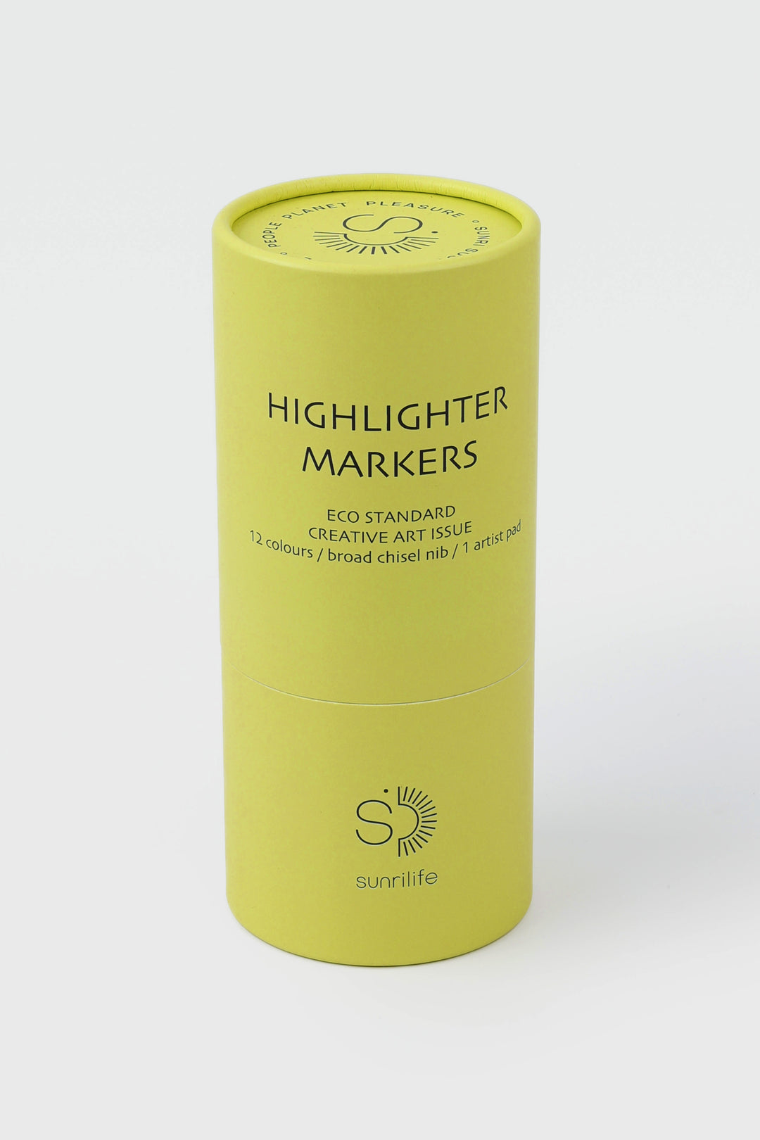 Closed recycled cardboard yellow tube labelled highlighter markers