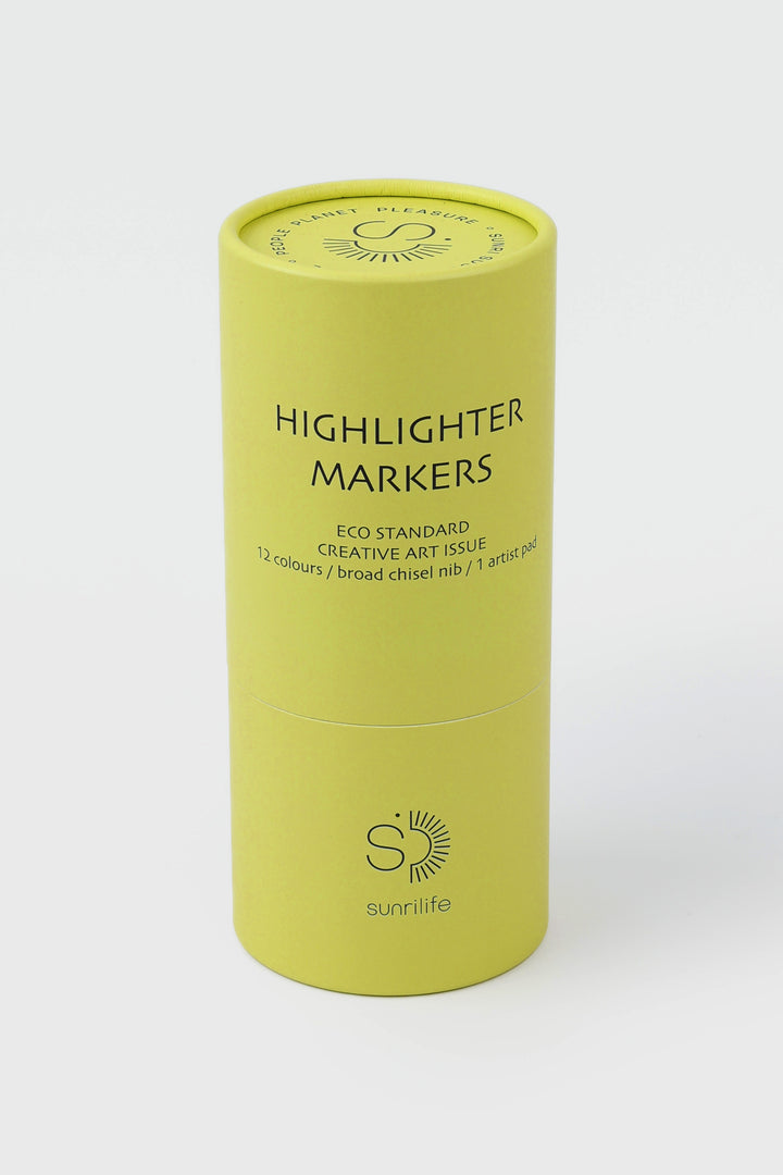 Closed recycled cardboard yellow tube labelled highlighter markers