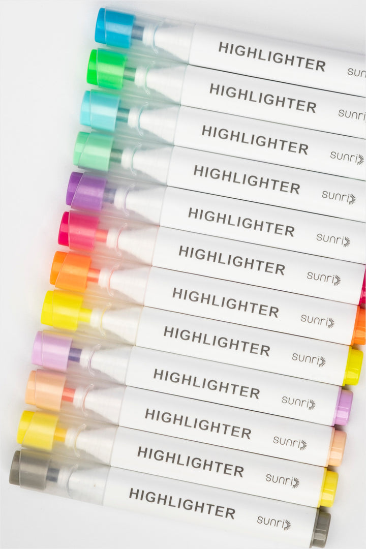 Set of colorful highlighters with labels on a white background