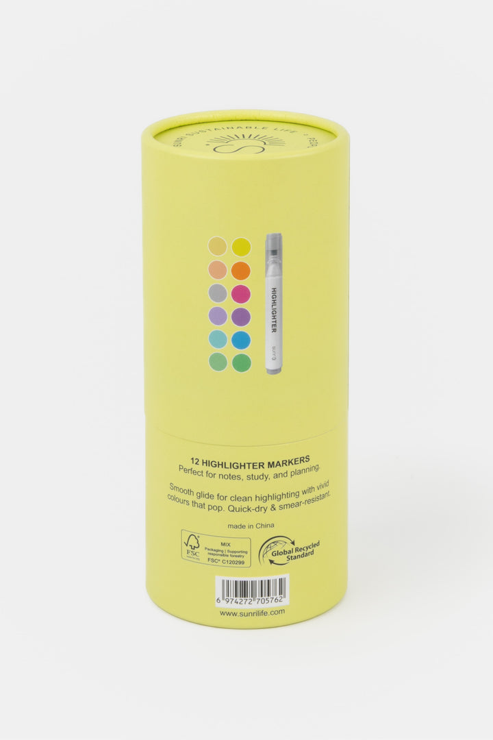Recycled cardboard yellow tube with colour swatches and one highlighter marker shown on the front