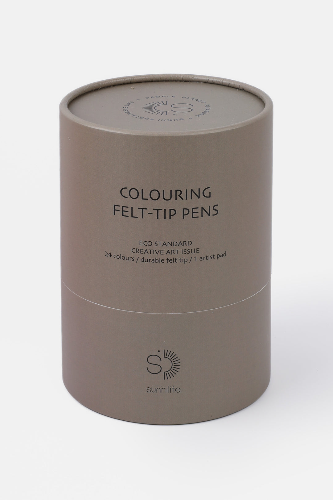 Closed recycled cardboard brown tube labelled colouring felt-tip pens
