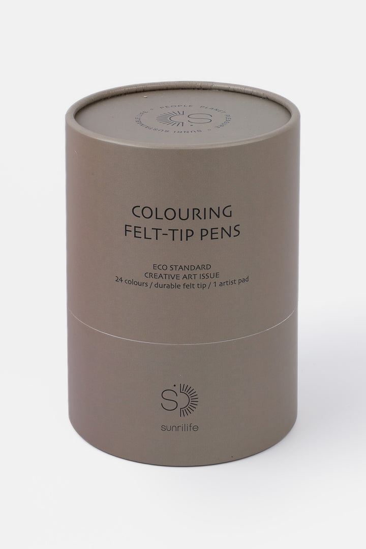Closed recycled cardboard brown tube labelled colouring felt-tip pens
