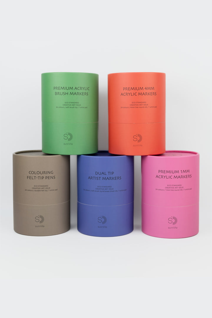 Five closed recycled cardboard tubes arranged together including the brown felt-tip pens tube
