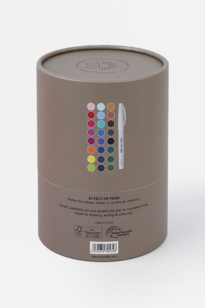 Back of recycled cardboard brown tube showing 24 colour swatches and one felt-tip pen
