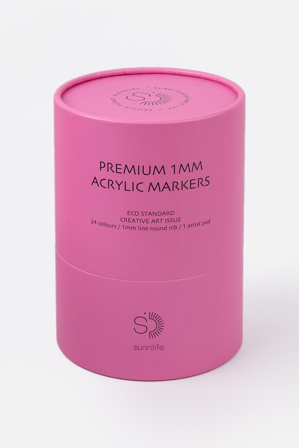 Closed recycled cardboard pink tube labelled premium 1mm acrylic markers
