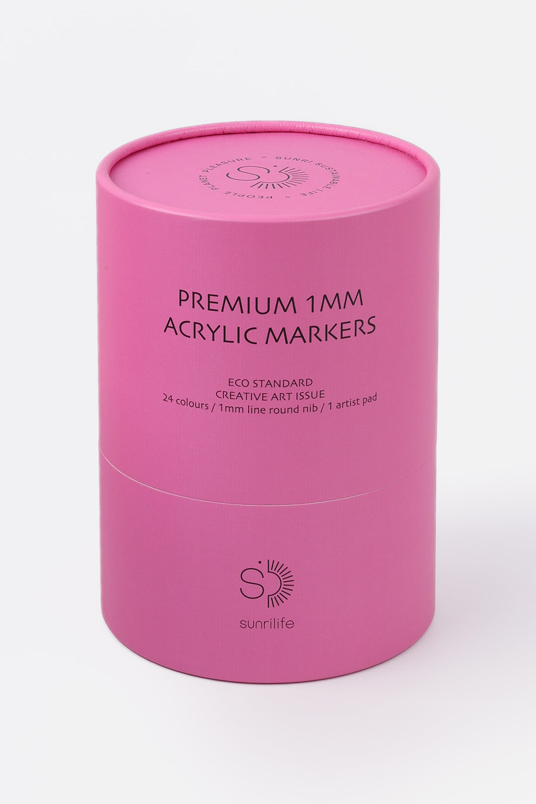 Closed recycled cardboard pink tube labelled premium 1mm acrylic markers
