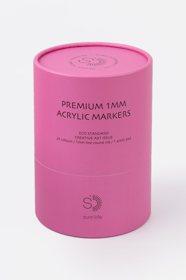 Closed recycled cardboard pink tube labelled premium 1mm acrylic markers
