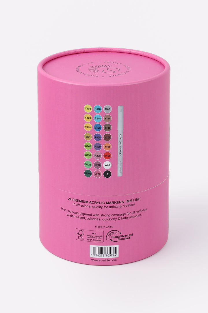 Back of recycled cardboard pink tube showing colour dots and one acrylic marker
