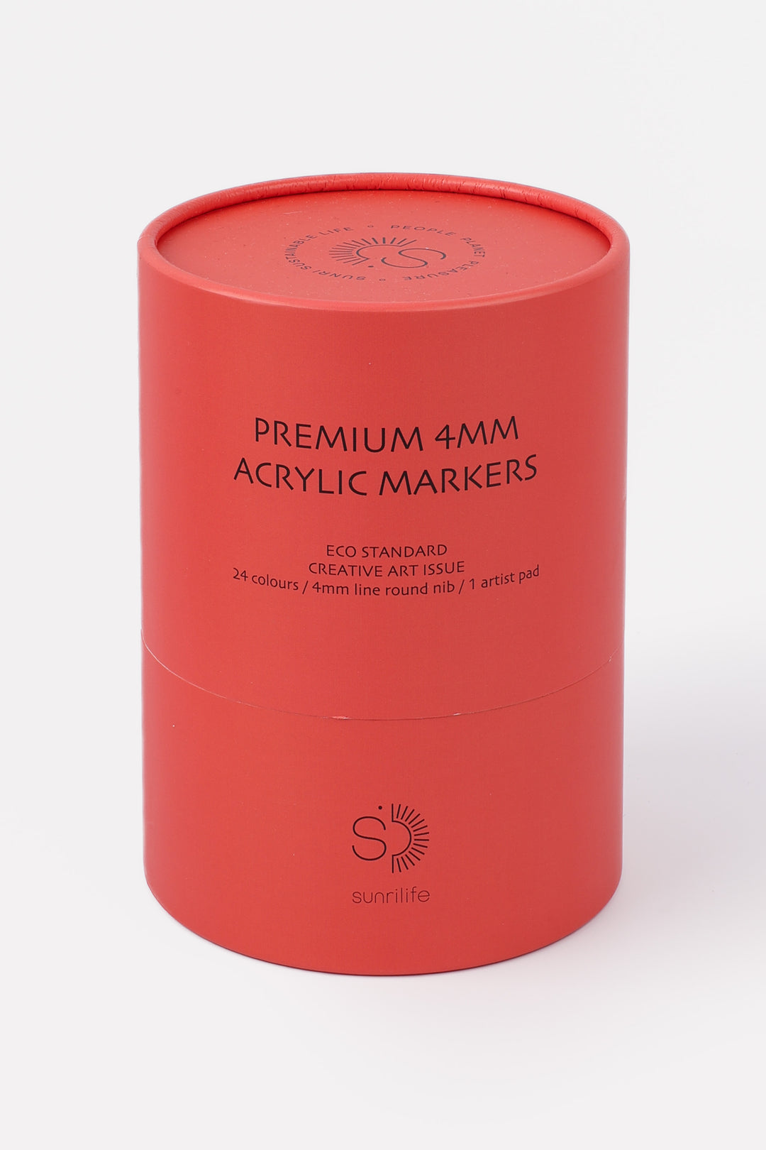 Closed recycled cardboard red tube labelled premium 4mm acrylic markers
