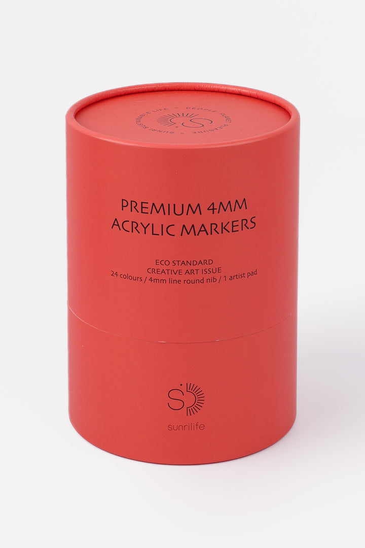 Closed recycled cardboard red tube labelled premium 4mm acrylic markers
