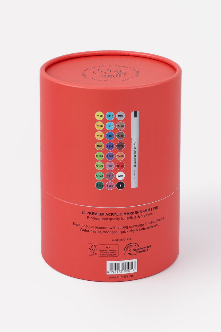 Back of recycled cardboard red tube showing colour dots and one acrylic marker
