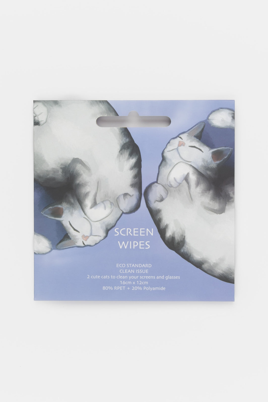 retail packaging with two cat-shaped microfibre screen wipes visible through printed design
