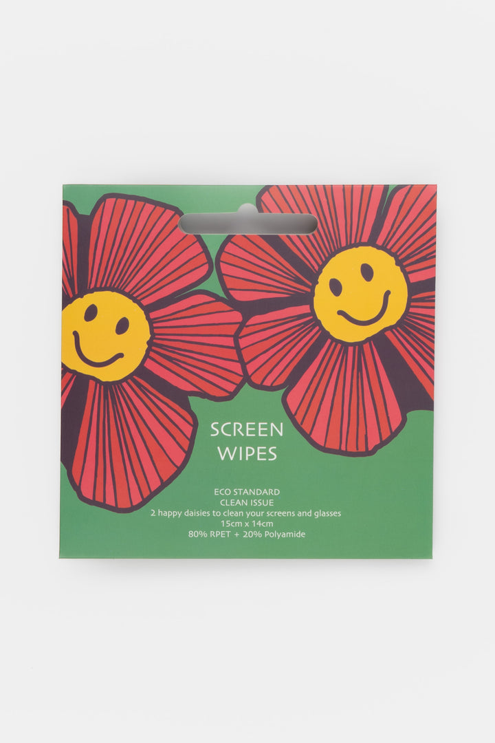retail packaging with two flower-shaped microfibre screen wipes visible through printed design
