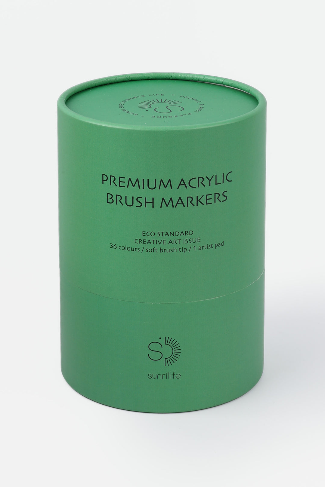 Closed recycled cardboard green tube labelled premium acrylic brush markers
