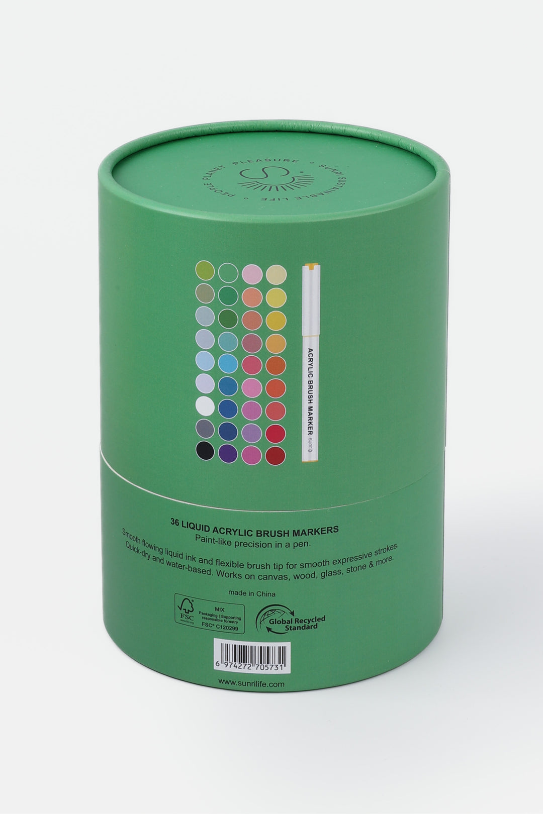 Back of recycled cardboard green tube showing colour dots and one acrylic brush marker
