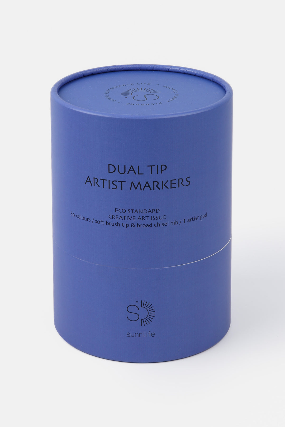 Closed recycled cardboard blue tube labelled dual tip artist markers

