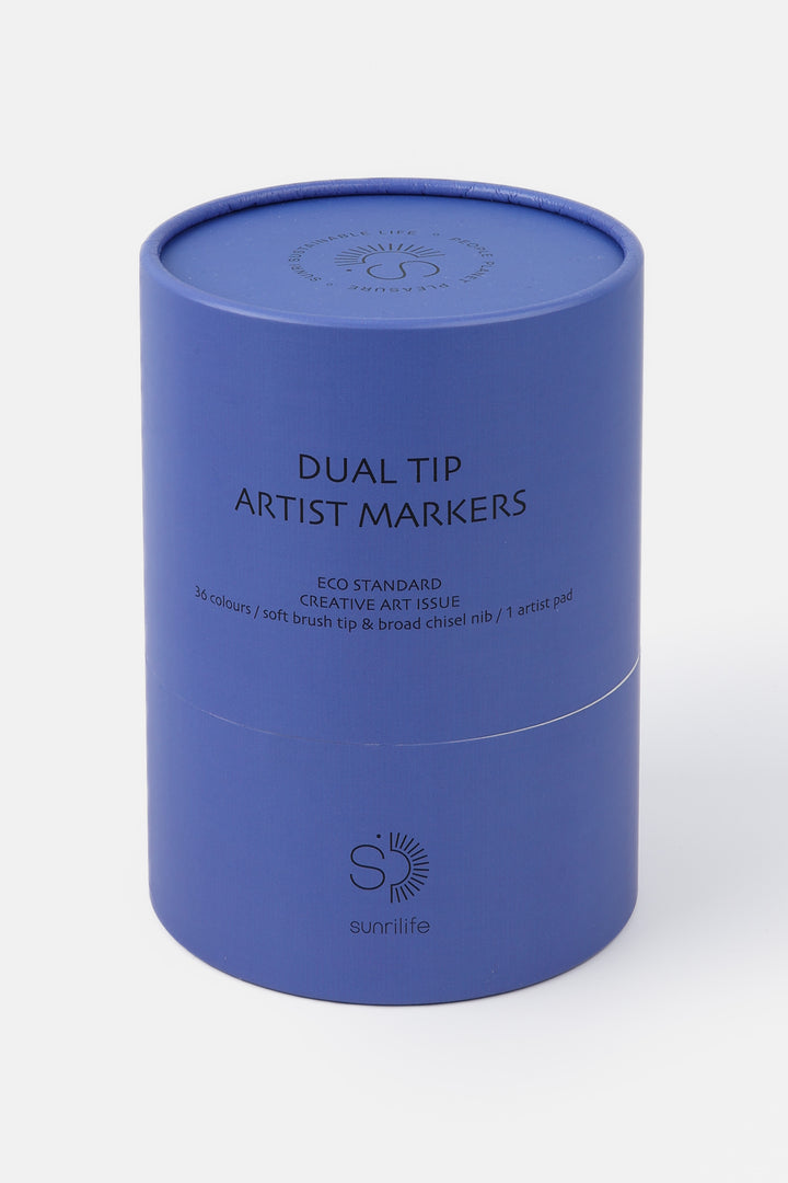 Closed recycled cardboard blue tube labelled dual tip artist markers
