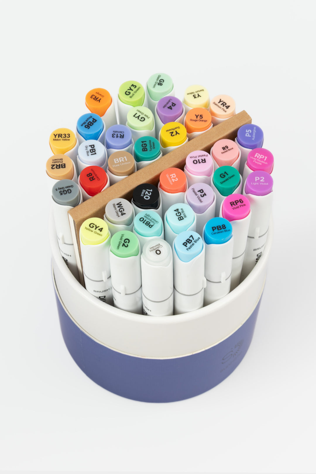 Open recycled cardboard blue tube showing 36 dual tip artist markers and an artist pad
