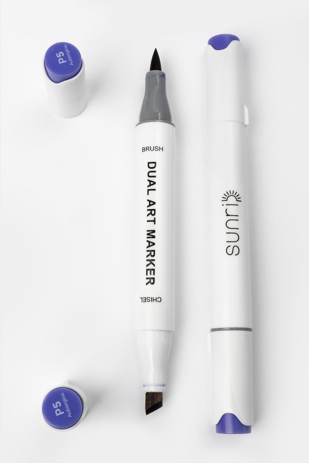 Dual tip art marker displayed open with brush tip on one side and chisel tip on the other, white barrel with Sunri logo