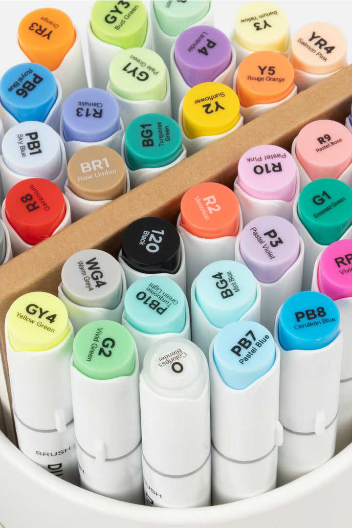 Close-up of dual tip marker tops in assorted colours with the artist pad behind
