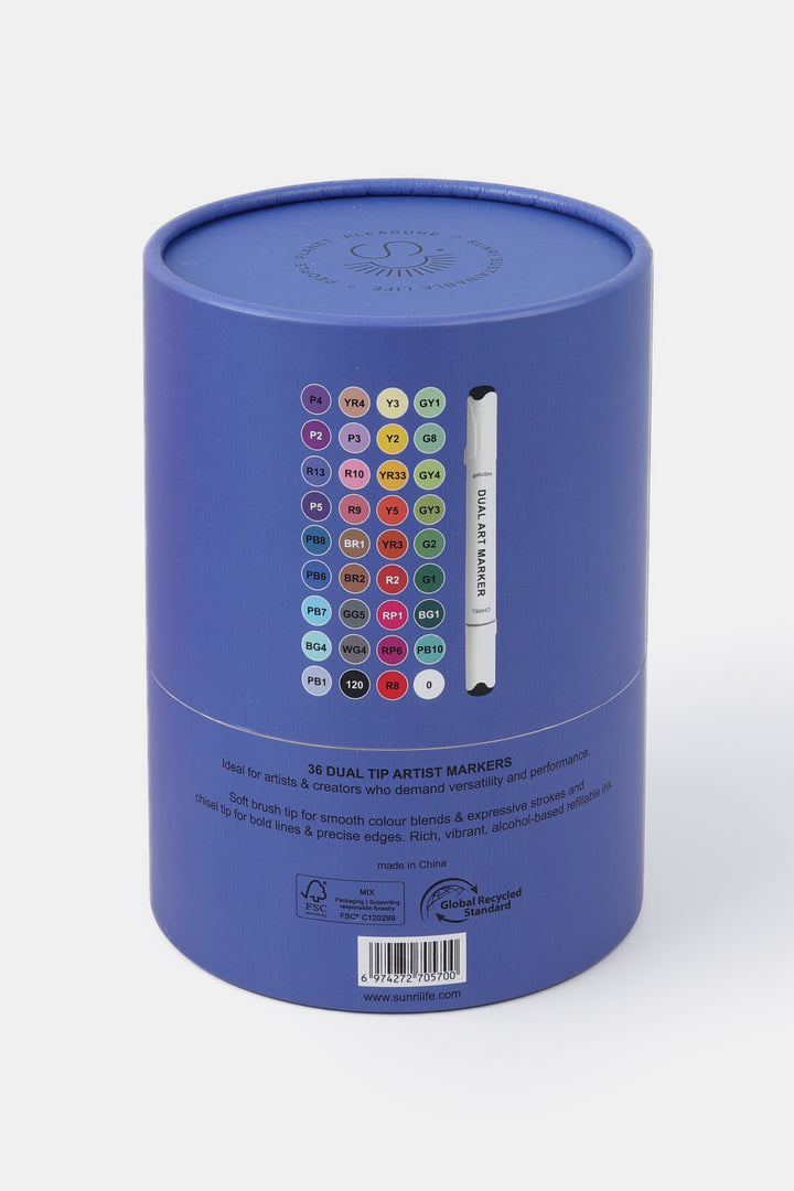 Back of recycled cardboard blue tube showing colour dots and one dual tip marker
