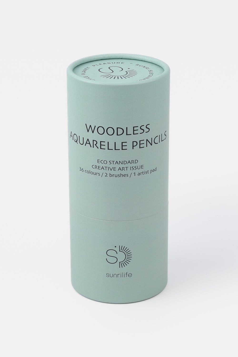 Closed recycled cardboard green tube labelled woodless aquarelle pencils
