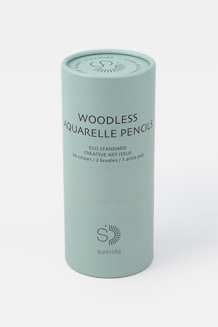 Closed recycled cardboard green tube labelled woodless aquarelle pencils
