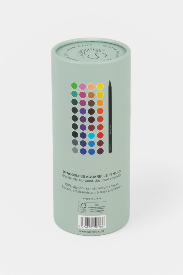 Back of recycled cardboard green tube showing colour dots and one aquarelle pencil
