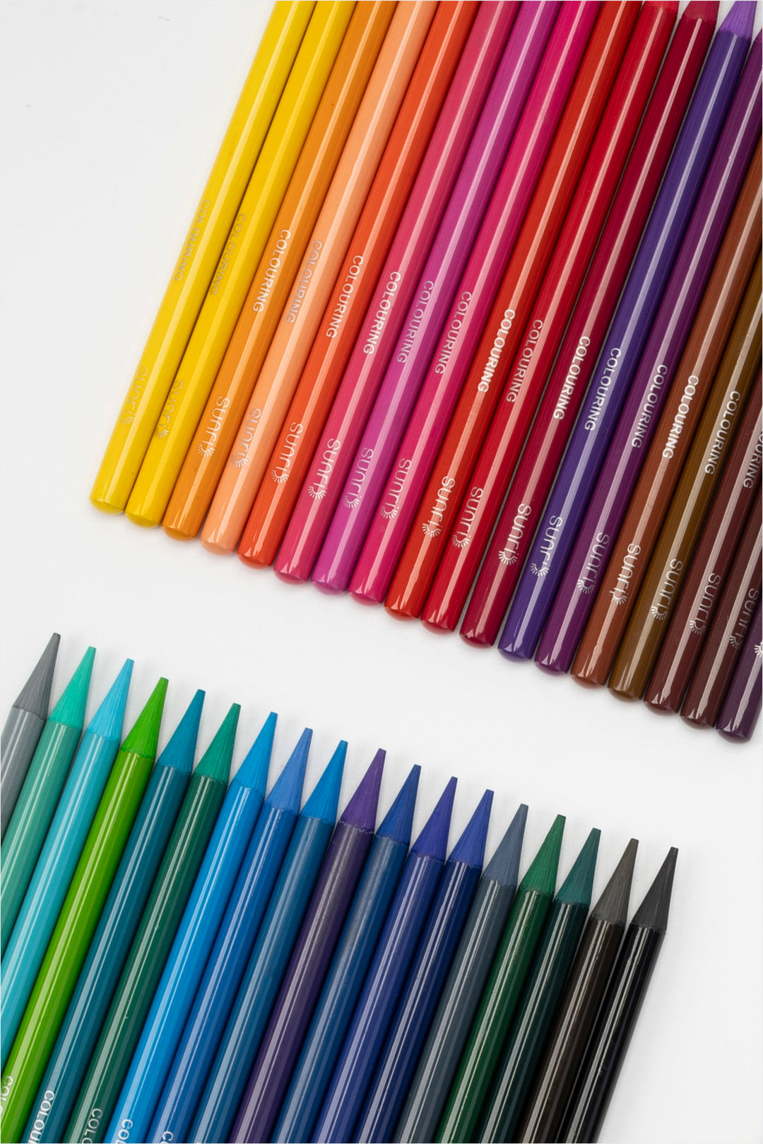 36 woodless colouring pencils assorted colours arranged diagonally