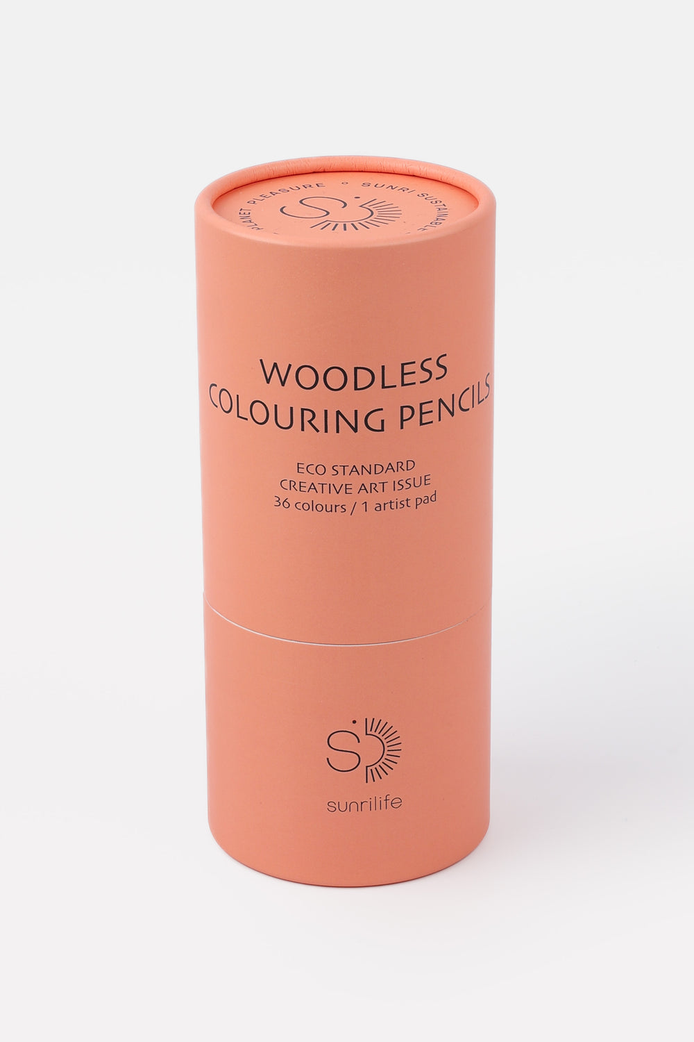 Cylindrical container of woodless colouring pencils on a white background
