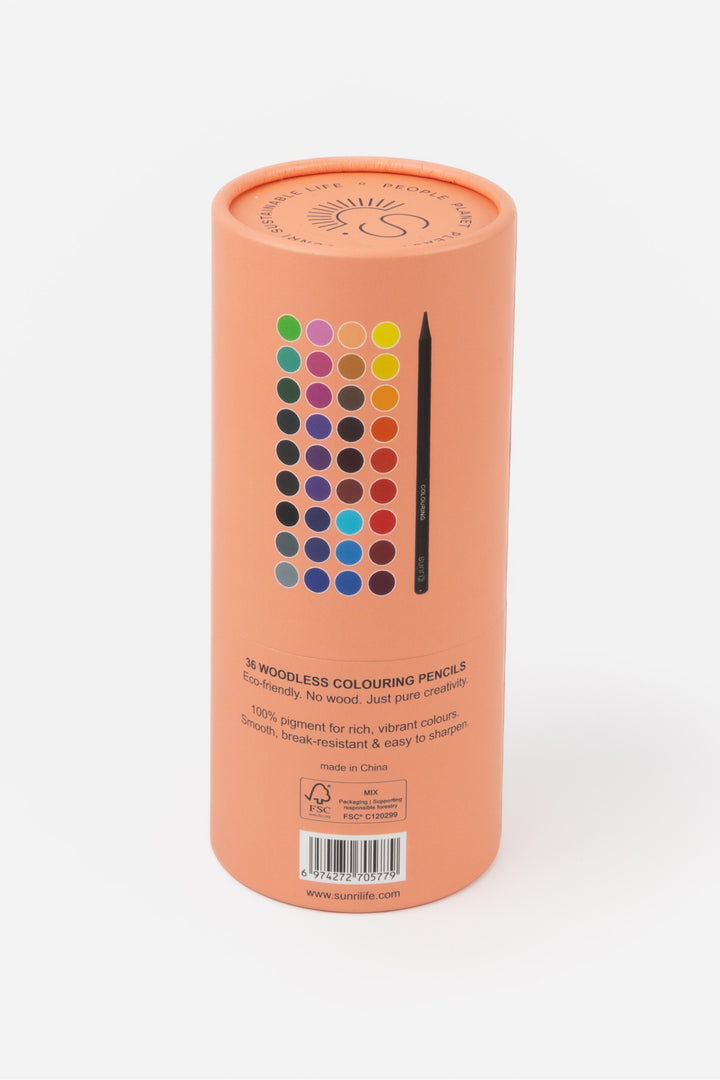 Cylindrical packaging of woodless colouring pencils with color swatches on a white background