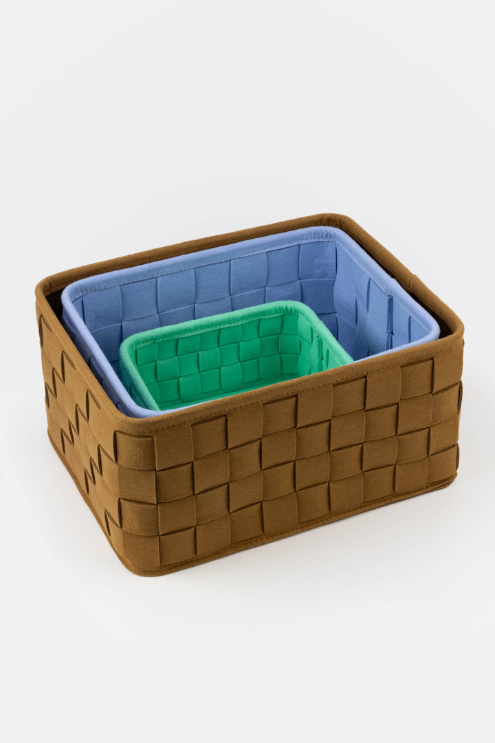 3 woven felt storage boxes in three sizes nested inside each other, showing the woven structure and soft felt material
