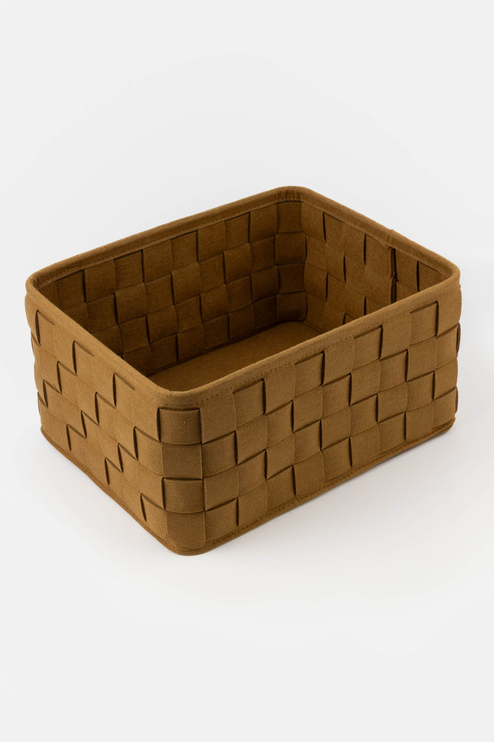 large woven felt storage box shown at an angle with visible woven pattern and soft felt finish