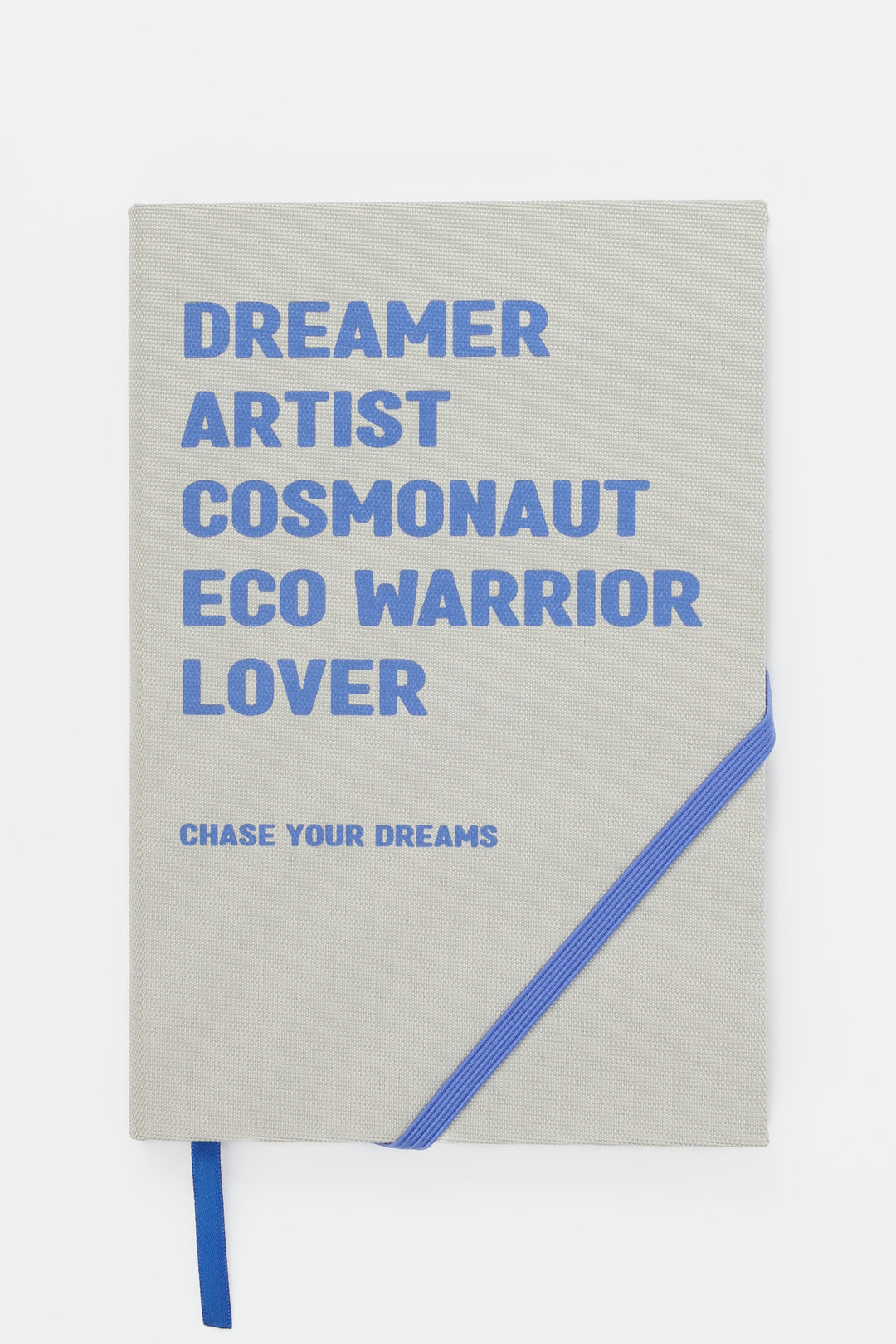 Front view of A5 diary with beige fabric cover and blue print