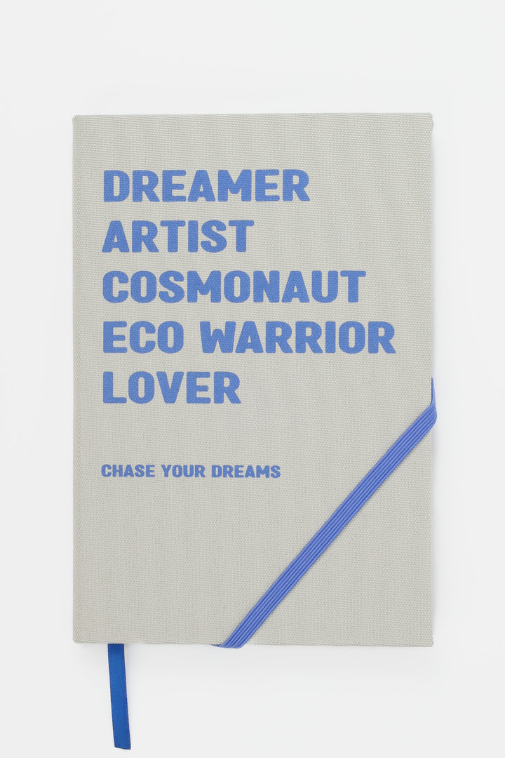  Front view of A5 diary with beige fabric cover and blue print