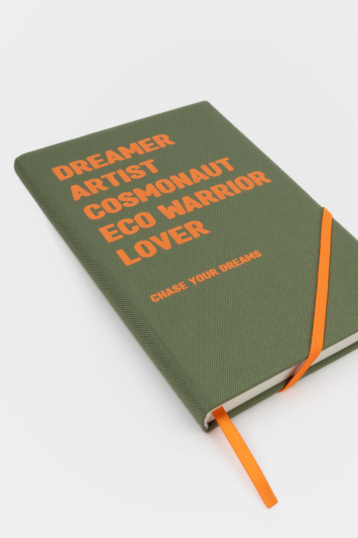 Green A5 diary with orange text elastic band and ribbon marker

