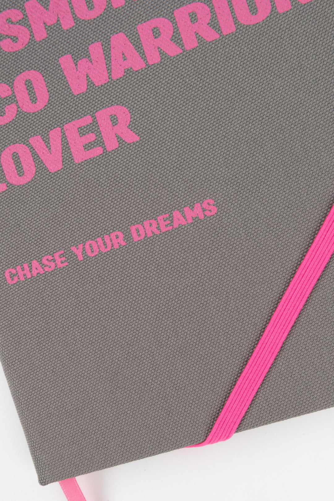 Close-up of grey fabric cover with pink text and pink elastic band