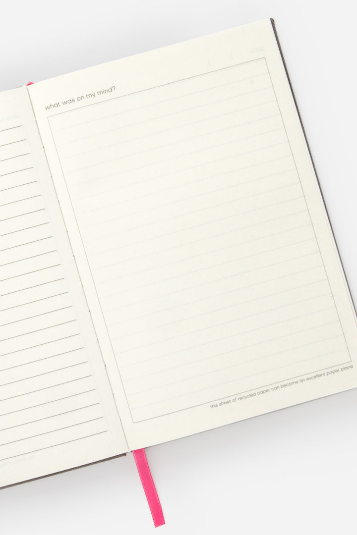 Open A5 diary with lined left page blank framed right page and pink ribbon marker
