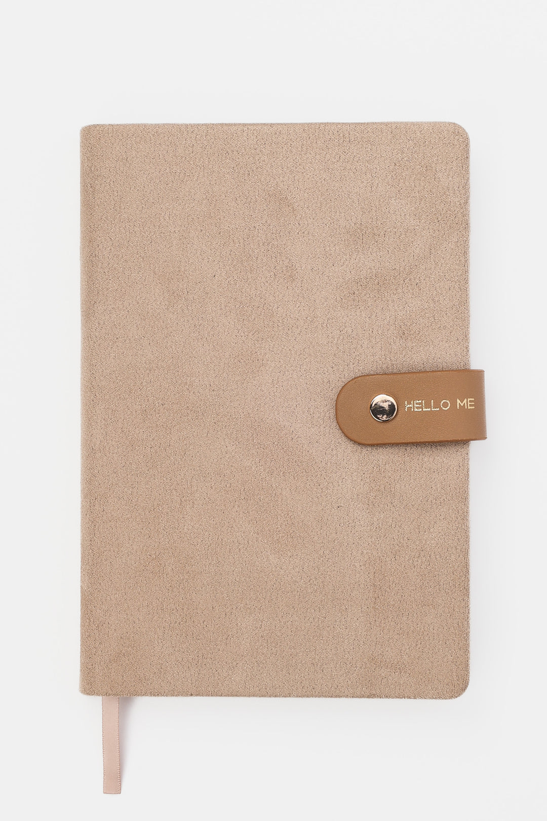 front view of brown a faux-suede notebook with a rounded flap closure with gold button detail and hello me text