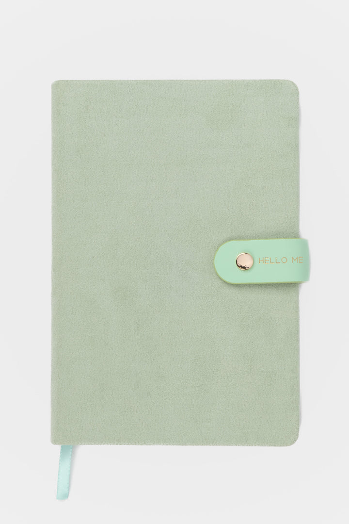 front view of a mint faux-suede notebook with a rounded flap closure with gold button detail and hello me text