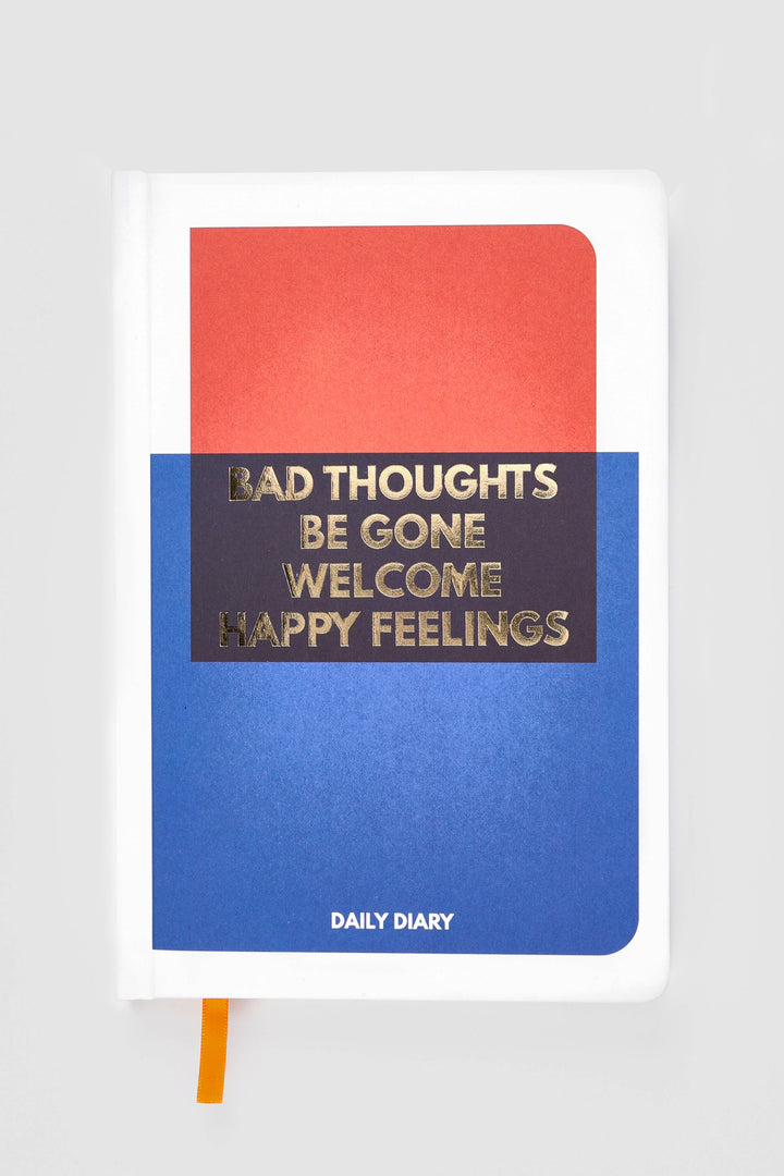 open A5 diary with lined left page and blank framed right page with yellow ribbon marker
