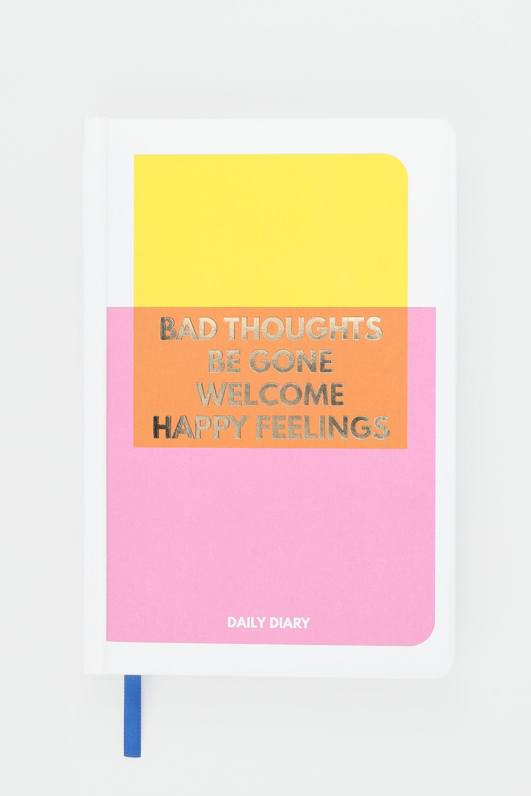 Pink yellow and orange diary cover with gold foil text and blue ribbon marker
