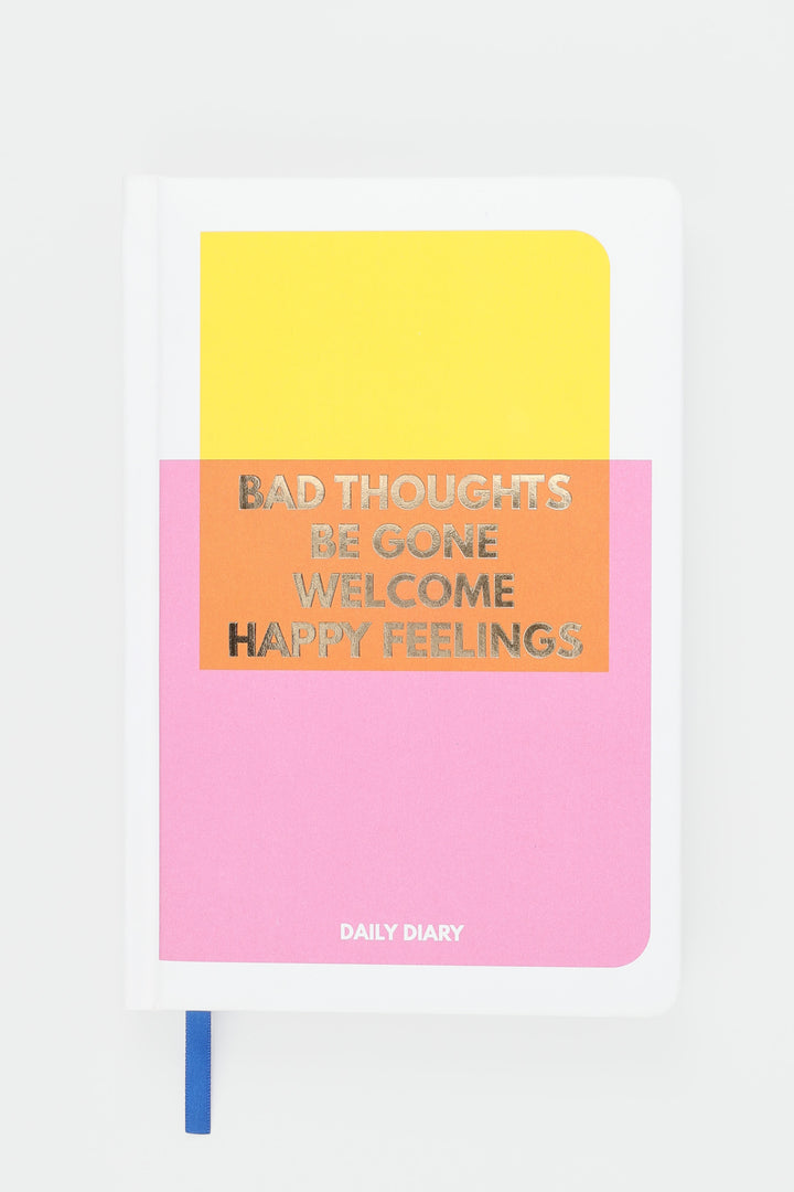 Pink yellow and orange diary cover with gold foil text and blue ribbon marker
