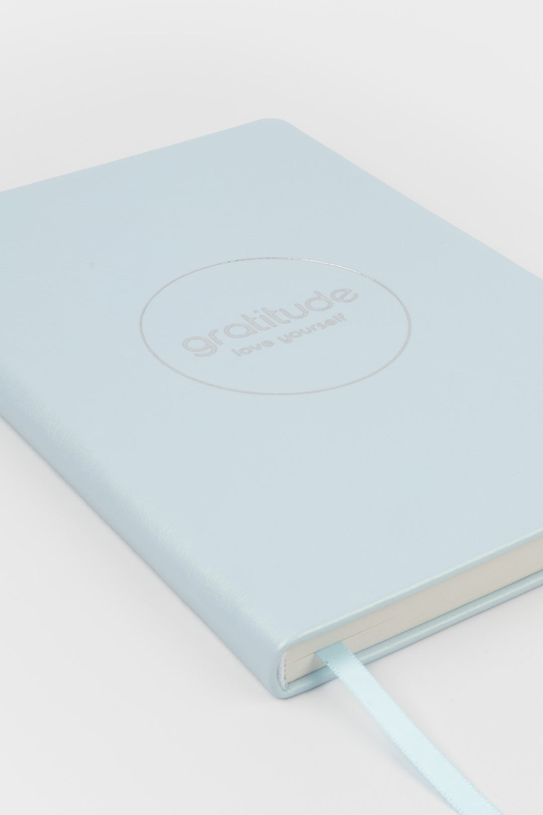 Light blue gratitude journal with 'love yourself' text 