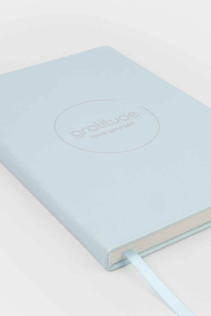 Light blue gratitude journal with 'love yourself' text 