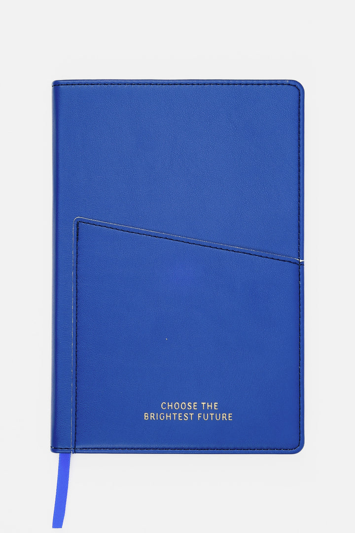 blue A5 hardcover notebook with PU leather cover and angled front pocket
