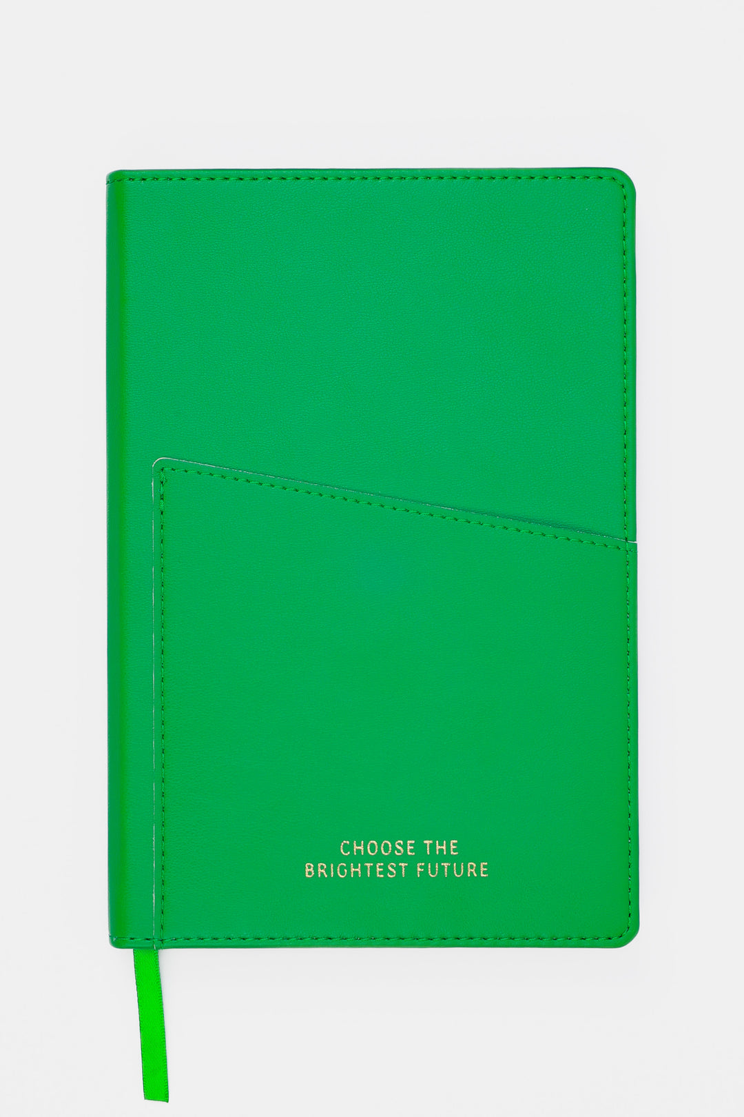 green A5 hardcover notebook with PU leather cover and angled front pocket
